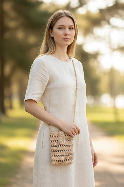 Tokuşka Raffia Knitted Cover Cross Shoulder Phone Bag