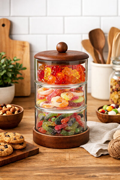 welcomein Akasya Kapaklı 3 Katlı Cam Saklama Kabı Jelibon Kuruyemiş Şekerlik ...