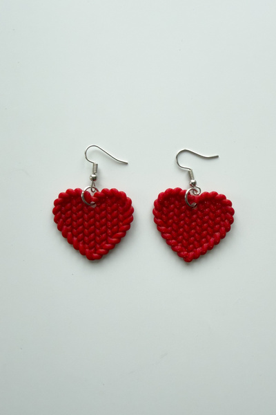 sin istanbul Knitted Patterned Red Heart Earrings