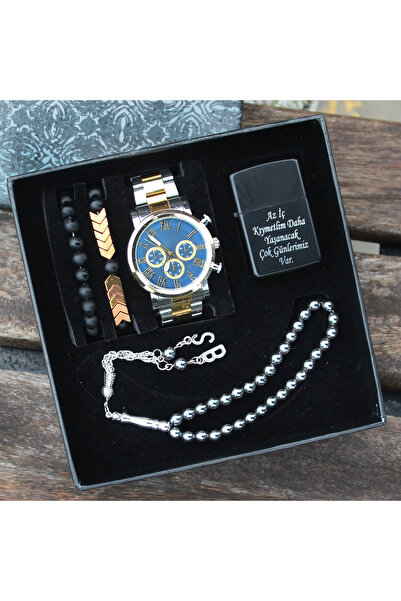 saat&istasyonu Erkek Kol Saati Seti Saat Tesbih Bileklik Çakmak Hediye Seti