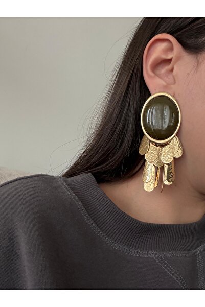 Charmist أقراط كاكي مزينة بتفاصيل ذهبية من الفولاذ