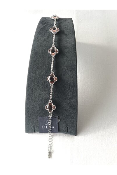 Butik Gri Zincir Yonca Detaylı Model Pembe Taş Bileklik