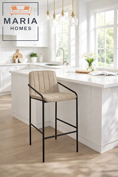 MARIA HOMES Khaki Upholstered Bar Stool with Black Metal Frame – Modern Count...