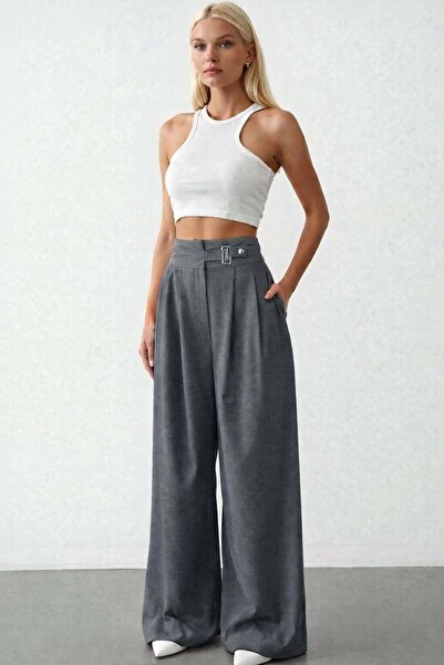 ibeeka New Season Wide Leg Gray Color Buckle Detailed Fabric Palazzo Pants - ...