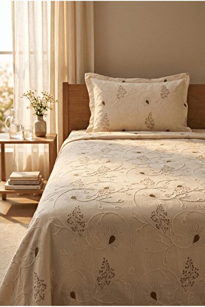 miar home perde tekstil Single Patterned Brown Detailed Bedspread Set Includi...