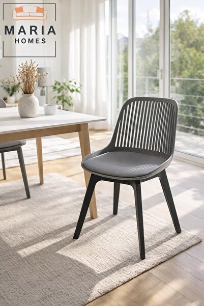 MARIA HOMES Grey Plastic Chair with Black Legs – Modern Dining & Accent Chair