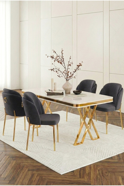 DEREN HOME Rigella Serisi 80x130 Beyaz Sabit Mdf Masa Metal Ayaklı 4 Adet San...