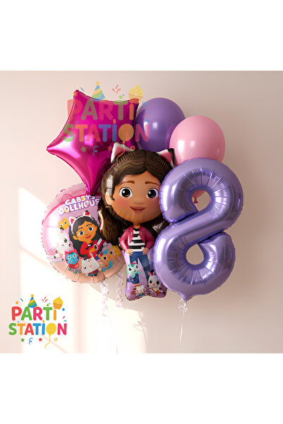 Parti Station Gabby Dollhouse Temalı 8 Yaş Doğum Günü Balon Süsleme Seti