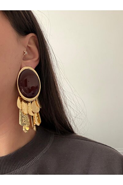 Charmist أقراط ذهبية من الفولاذ بتفاصيل مزخرفة باللون البني