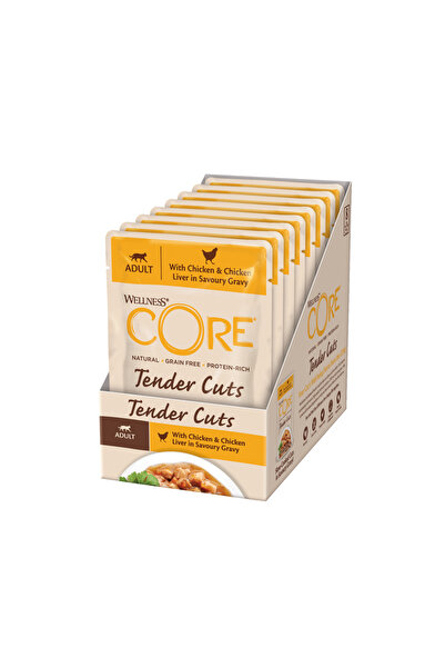 CORE أكياس قطع دجاج وكبد دجاج طرية في مرق للقطط، 85 غرام، عبوة من 24 كيسًا