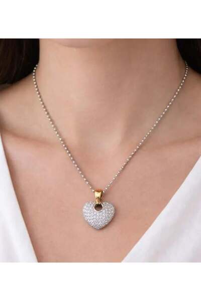 Septemmart قلادة فضية اللون من حجر الزركون الصغير على شكل قلب مع سلسلة كروية