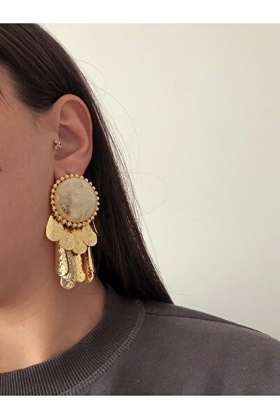Charmist Steel Gold Detailed Trey Cream Earrings