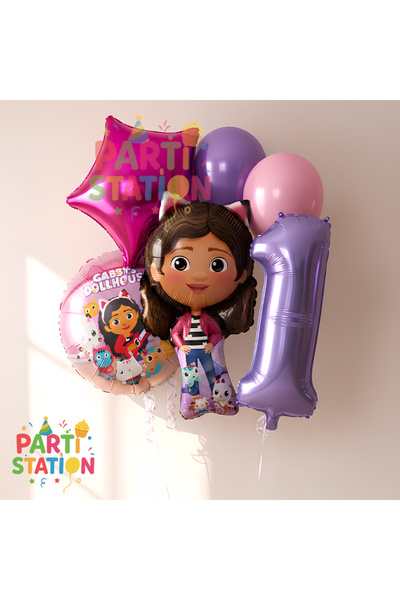 Parti Station Gabby Dollhouse Temalı 1 Yaş Doğum Günü Balon Süsleme Seti
