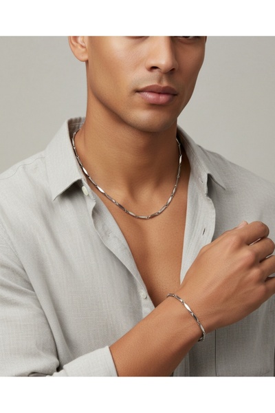 Lal Gümüş küp üçgen model çelik kolye ve bileklik