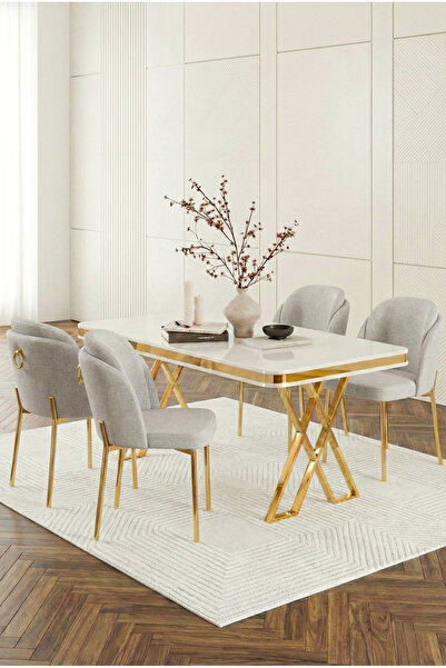 DEREN HOME Rigella Serisi 80x130 Beyaz Sabit Mdf Masa Metal Ayaklı 4 Adet San...