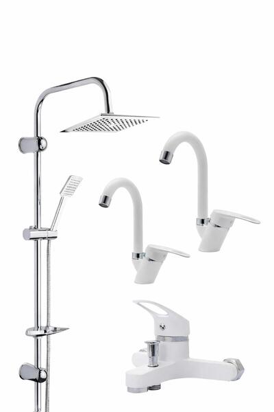 MUSLUQ Beyaz Robot Yağmurlama Duş Seti Banyo Mutfak Lavabo Bataryası 4 'LÜ Pi...