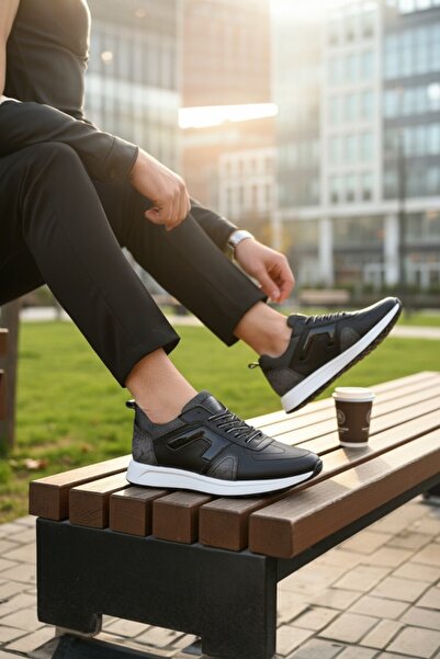 enoch حذاء رياضي رجالي من الجلد الطبيعي اللامع من إينوخ، ذو أربطة ونعل طبي