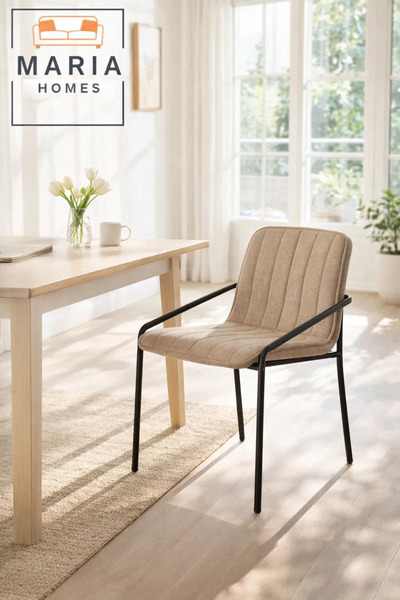 MARIA HOMES Khaki Upholstered Dining Chair with Black Metal Frame – Modern Ac...