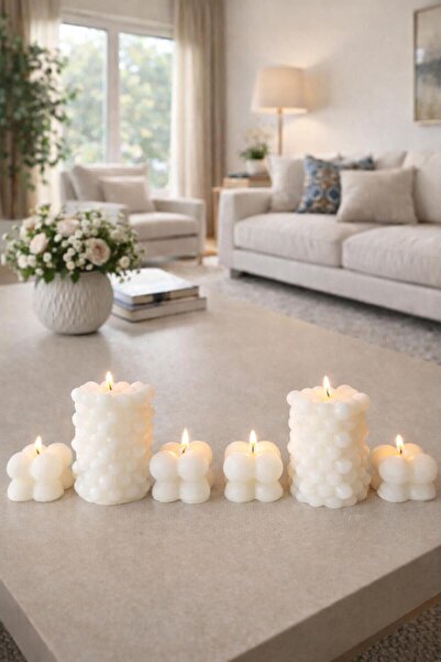 Memduhbey Dekoratif 6'lı Bubble Mum Seti | El Yapımı Beyaz Minimalist Mum | M...