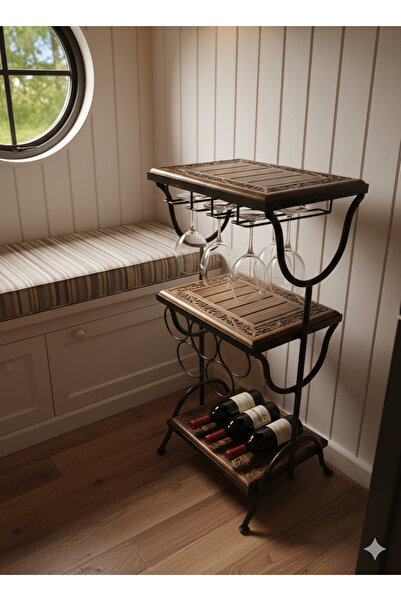 DNC Art&Deco El Oyması Masif Ahşap Ferforje Şaraplık - Kadeh Askılı İçki Stan...