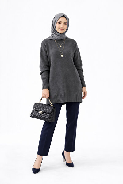 KAREL BUTİK Antrasit Bisiklet Yaka Oversize Kadın Kazak Tunik