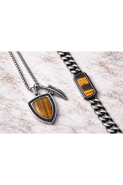 voyageaccessory Kaplangözü Taşlı Erkek Kolye & Bileklik Seti | Sevgiliye Özel Hediye