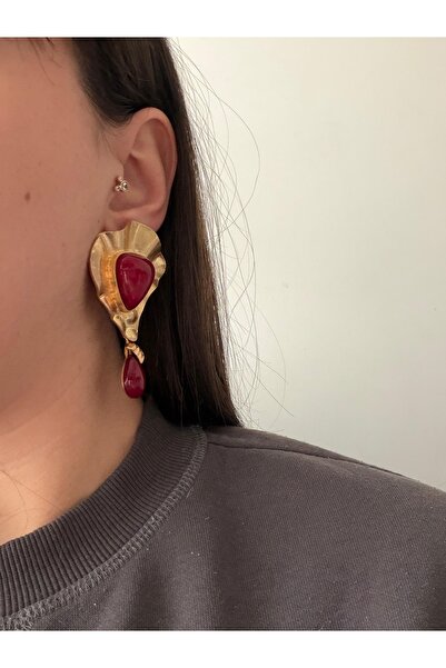 Charmist Steel Gold Matte Plate Detailed Burgundy Siny Earrings