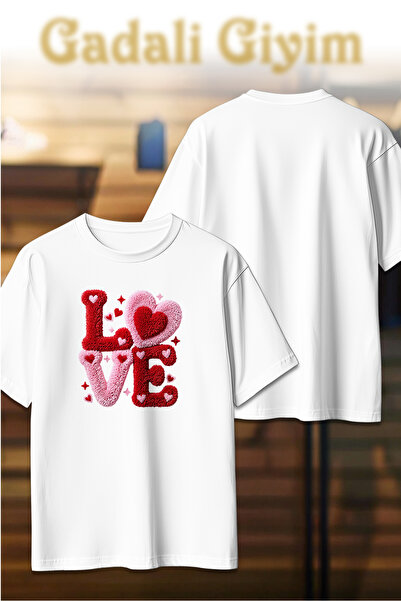 Gadali Tricou casual unisex oversize cu imitație de covor și imprimeu Love Heart