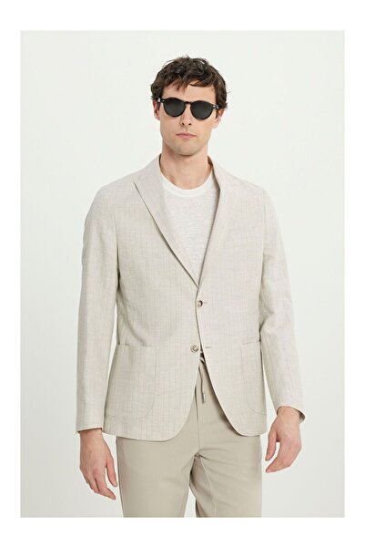 LC Waikiki Men's Beige Linen Slim Fit Slim Fit Swallow Collar Striped Blazer ...