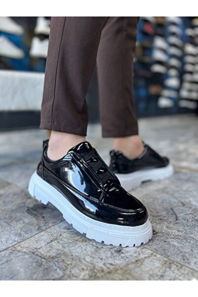 Arda Kuback Akb-703 Men's Black Patent Leather Laceless Elastic Casual Shoes