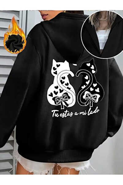 ship master Women's Zipper Hooded Sweatshirt Heart Cat Printed Casual Sport S...
