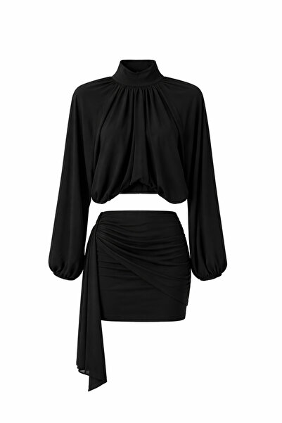 HAZELANNA Μαύρο Σετ με Φούστα και Μπλούζα με Επένδυση