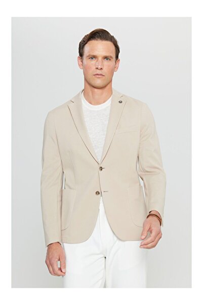 LC Waikiki Men's Beige Cotton Slim Fit Slim Fit Dobby Stretch Blazer Jacket w...