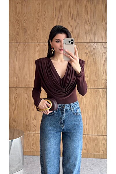 HAZELANNA Shoulder Pad Pieces of Draped Brown Blouse