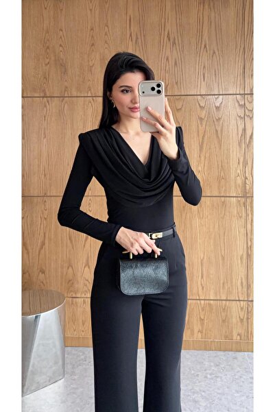 HAZELANNA Shoulder Pad Pcs Draped Black Blouse