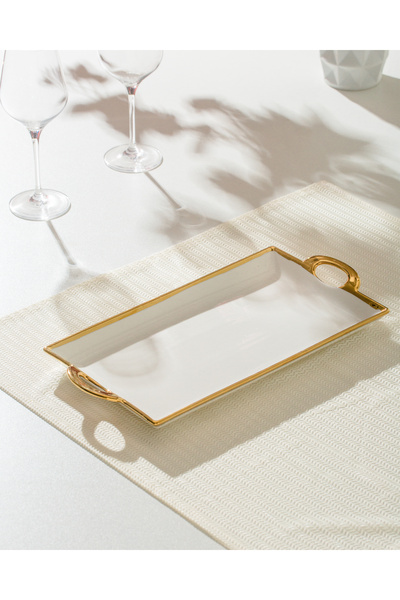 Malooki Rectangular porcelain tray with leaf handles, White with gold edges, ...