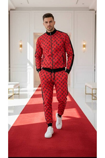 gangster Men's Red Patterned Faux Leather Striped Detail Stylish Tracksuit Set