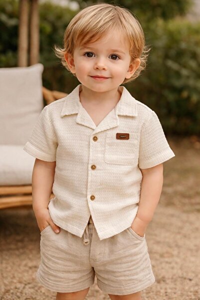 Aybubu Erkek Çocuk İnce Waffle Kumaş Gömlek %100 Pamuk & Kısa Kol, Önü Düğmeli