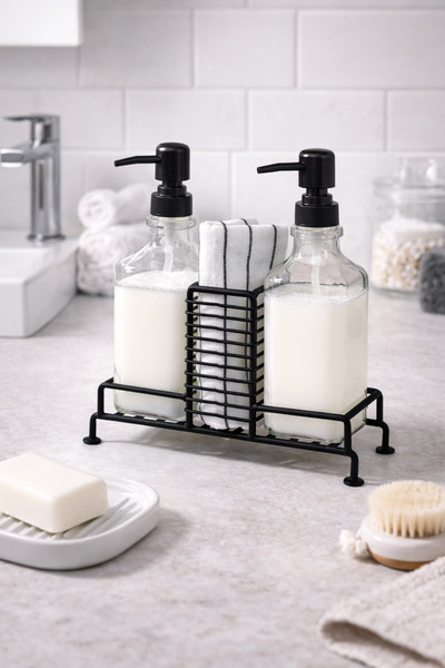 welcomein Tezgah Üstü Cam Sıvı Sabunluk Takımı – Siyah Metal Stand, Havlu Böl...
