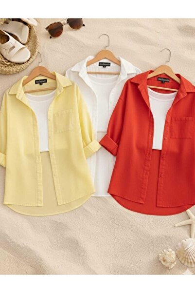 blackbonds 3 lü sarı beyaz kırmzı Oversize Keten Dokulu %100 Pamuk Tek Cepli ...