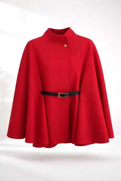 Teodora Demaria Kırmızı ( Kadın ) Oversize Kemerli Premium Kaşe Panço