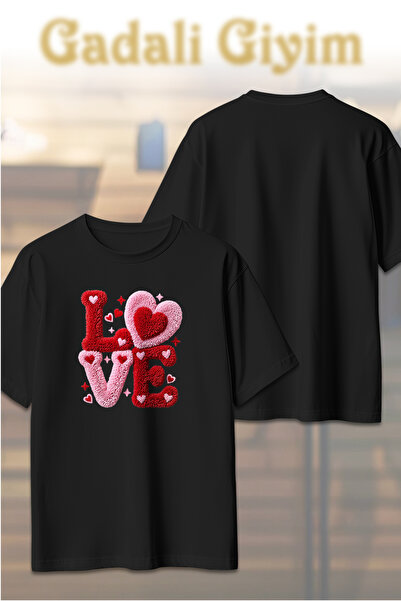 Gadali Tricou casual unisex oversize cu imitație de covor și imprimeu Love Heart