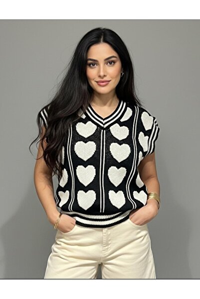 Be Best Women's Black-White Heart Patterned V-Neck Sweater Be362