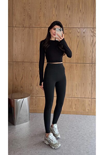 HAZELANNA Colanți termici negri cu buzunare cu fermoar