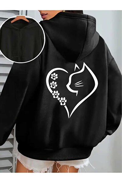 ship master Women's Gray Zippered Hooded Sweatshirt Cat and Paw Printed Casua...