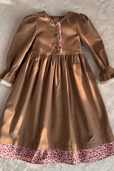 Masnu Çocuk Girl's Winter Corded Fabric Velvet Cotton Cream Floral Belted Mid...