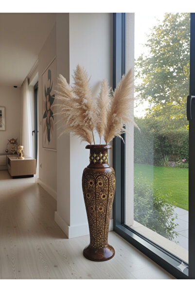 DNC Art&Deco 87 cm Dev Boy Pirinç İşlemeli Masif Ahşap Vazo - El Oyması Eskit...