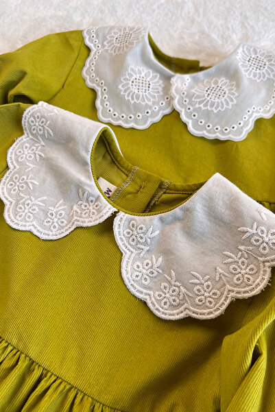 Masnu Çocuk Girl's Baby Winter Corded Fabric Velvet White Scallop Collar Gree...