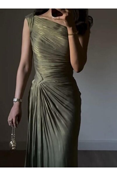 leon فستان سهرة زيتي أنيق بخامة كرنكر ناعمة