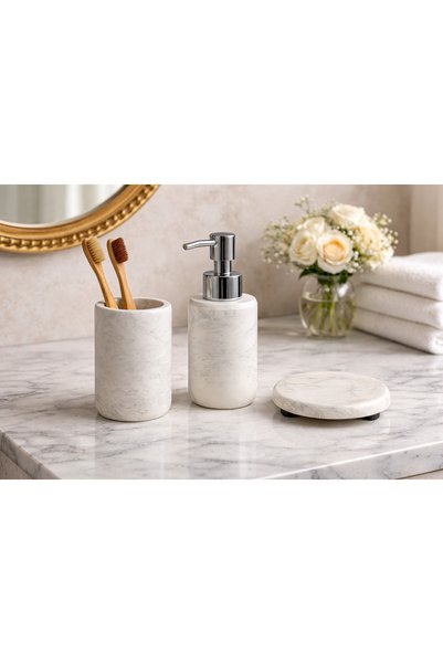 lufen deco Marble Look Concrete 3-Piece Bathroom Wc Set Toothbrush Holder Liquid Soap Dispenser Presentation Tray